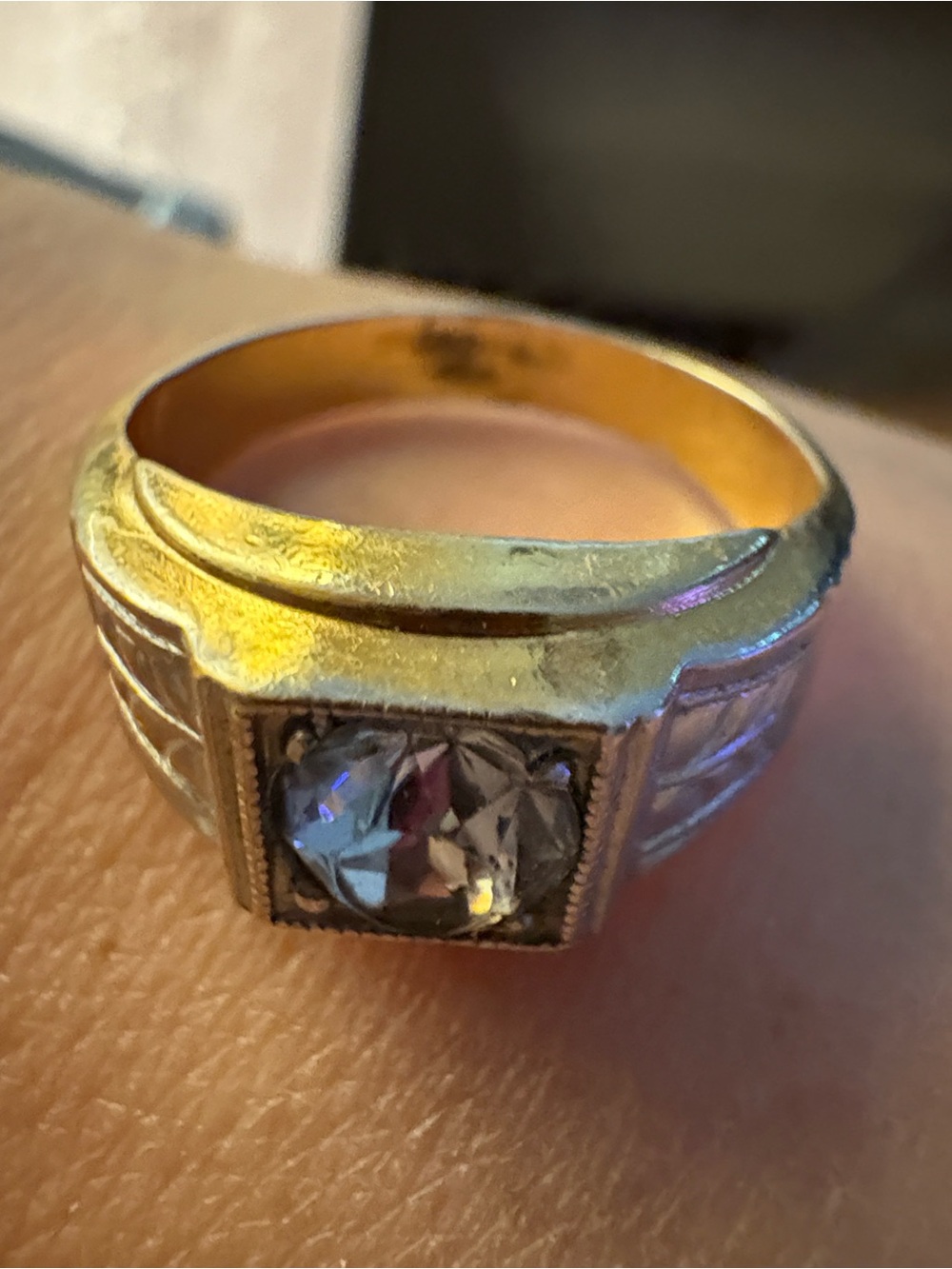 Vintage 10K Gold and Silver Tone Men's Statement Ring with Clear Stone